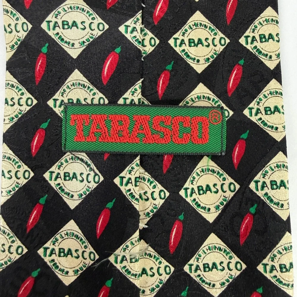 Tabasco Mens Silk Tie Black Red Chili Pepper Logo Hot‎ Sauce Novelty Made in USA